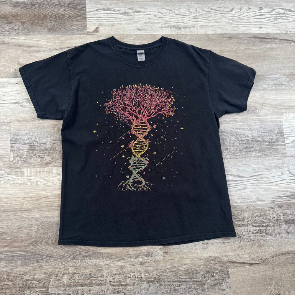 Vtg Black DNA Tree of Life Graphic T Shirt Psychedelic Celestial Witchy Grunge L